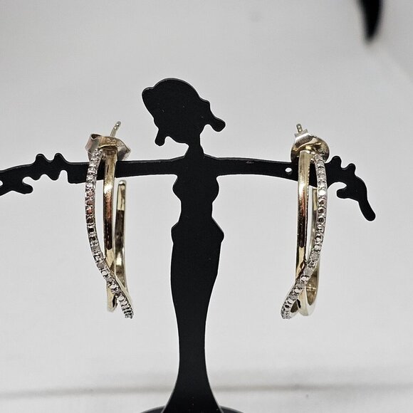 925 Sterling Silver Vermeil - Natural Diamond Crossover Semi Hoop Earrings - Picture 5 of 12